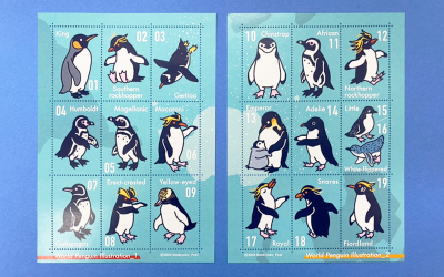南極ポスト様のペンギン柄切手風目打ちシール