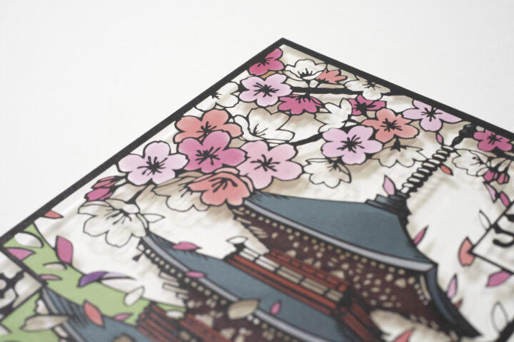 春　桜　油山寺　切り絵御朱印　三十塔　桜吹雪　静岡